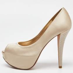 Stuart Weitzman Beige Satin Platform Peep Toe Pumps Size 37