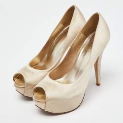 Stuart Weitzman Beige Satin Platform Peep Toe Pumps Size 37