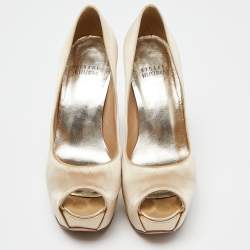 Stuart Weitzman Beige Satin Platform Peep Toe Pumps Size 37
