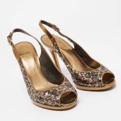 Stuart Weitzman Metallic Animal Print Sequins Platform Slingback Sandals Size 39.5