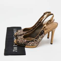 Stuart Weitzman Metallic Animal Print Sequins Platform Slingback Sandals Size 39.5