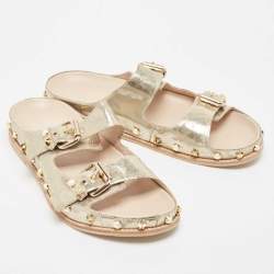 Stuart Weitzman Gold Leather Embellished Slides Size 41
