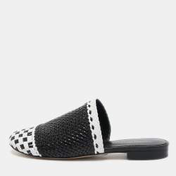 Stuart Weitzman Black/White Woven Leather Indiana Flat Mules Size 35