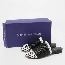 Stuart Weitzman Black/White Woven Leather Indiana Flat Mules Size 35