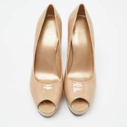 Stuart Weitzman Beige Patent Leather Peep Toe Platform Pumps Size 39.5