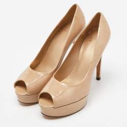 Stuart Weitzman Beige Patent Leather Peep Toe Platform Pumps Size 39.5