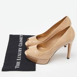 Stuart Weitzman Beige Patent Leather Peep Toe Platform Pumps Size 39.5