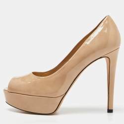 Stuart Weitzman Beige Patent Leather Peep Toe Platform Pumps Size 39.5