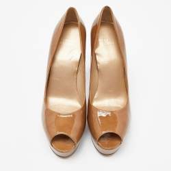 Stuart Weitzman Brown Patent Leather Peep Toe Platform Pumps Size 39.5