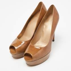 Stuart Weitzman Brown Patent Leather Peep Toe Platform Pumps Size 39.5