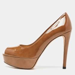 Stuart Weitzman Brown Patent Leather Peep Toe Platform Pumps Size 39.5