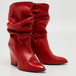 Stuart Weitzman Red Leather Slouch Block Heel Ankle Length Boots Size 36.5