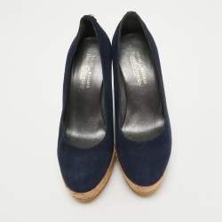 Stuart Weitzman x Russell Bromley Navy Blue Suede Corkswoon Wedge Pumps Size 35.5