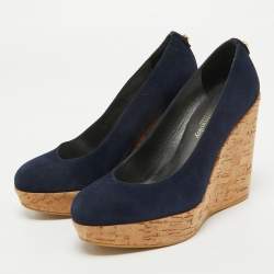 Stuart Weitzman x Russell Bromley Navy Blue Suede Corkswoon Wedge Pumps Size 35.5