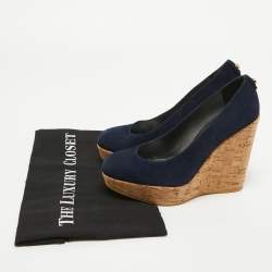 Stuart Weitzman x Russell Bromley Navy Blue Suede Corkswoon Wedge Pumps Size 35.5