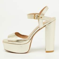 Pre Owned Stuart Weitzman Gold Leather Ankle Strap Platform Sandals Size 36.5