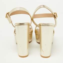 Pre Owned Stuart Weitzman Gold Leather Ankle Strap Platform Sandals Size 36.5