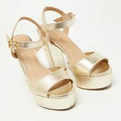 Pre Owned Stuart Weitzman Gold Leather Ankle Strap Platform Sandals Size 36.5
