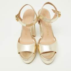 Pre Owned Stuart Weitzman Gold Leather Ankle Strap Platform Sandals Size 36.5