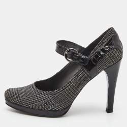 Stuart Weitzman Black/Grey Patent Leather and Plaid Wool Marianne Pumps Size 38