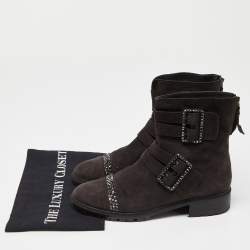 Pre Owned Stuart Weitzman Black Suede Crystal Embellished Ankle Length Boots Size 37.5
