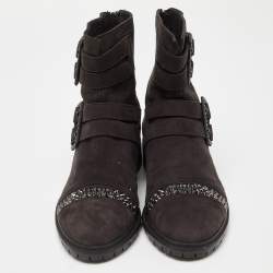 Pre Owned Stuart Weitzman Black Suede Crystal Embellished Ankle Length Boots Size 37.5