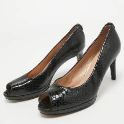 Stuart Weitzman Black Python Embossed Leather Peep Toe Platform Pumps Size 40