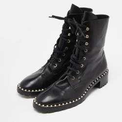 مملوكة مسبقًا Stuart Weitzman Black Leather Sondra Pearl Embellished Ankle Boots Size 40