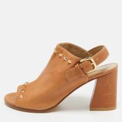 Stuart Weitzman Tan Leather Studded Slingback Sandals Size 36