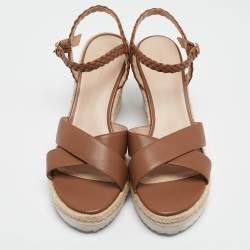 Stuart Weitzman Brown Leather Mykonos Wedge Espadrille Sandals Size 40.5