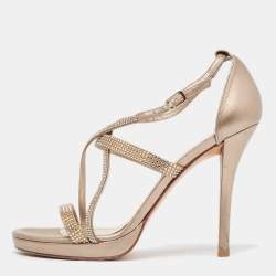 Stuart Weitzman Metallic Gold Leather Crystal Embellished Ankle Strap Sandals Size 37.5