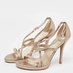 Stuart Weitzman Metallic Gold Leather Crystal Embellished Ankle Strap Sandals Size 37.5