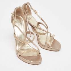 Stuart Weitzman Metallic Gold Leather Crystal Embellished Ankle Strap Sandals Size 37.5