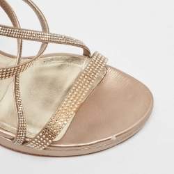 Stuart Weitzman Metallic Gold Leather Crystal Embellished Ankle Strap Sandals Size 37.5