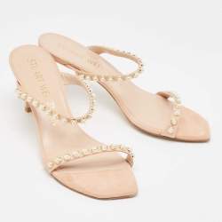 Stuart Weitzman Beige Suede Pear Embellished Slide Sandals Size 38