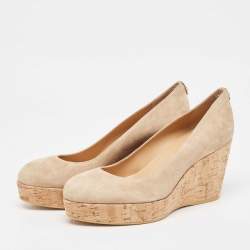 Stuart Weitzman Beige Suede Cork Platform Wedge Pumps Size 41