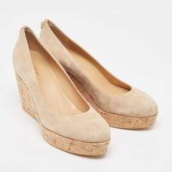 Stuart Weitzman Beige Suede Cork Platform Wedge Pumps Size 41