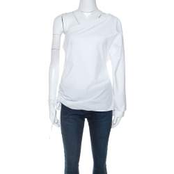 T by Alexander Wang White Cotton Ruched Detail One Shoulder Top M