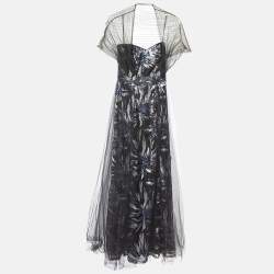 Tadashi Shoji Black Floral Sequined Tulle Draped Gown XS 