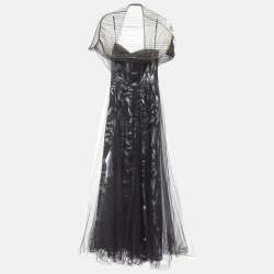 Tadashi Shoji Black Floral Sequined Tulle Draped Gown XS 