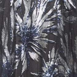 Tadashi Shoji Black Floral Sequined Tulle Draped Gown XS 