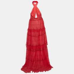 Tadashi Shoji Red Sequin Tulle Halter Neck Tiered Gown M