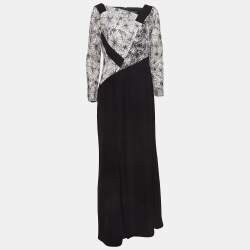Tadashi Shoji Black/White Floral Embroidered Tulle and Crepe Maxi Dress L