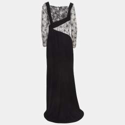 Pre Owned Tadashi Shoji Black/White Floral Embroidered Tulle and Crepe Maxi Dress L
