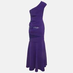 Tadashi Shoji Purple Pintuck Jersey Sequin Detail One Shoulder Gown XS