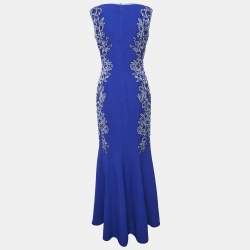 Pre Owned Tadashi Shoji Blue Floral Embroidery Textured Crepe Sleeveless Gown S