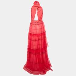 Tadashi Shoji Red Sequin Tulle Halter Neck Tiered Gown M