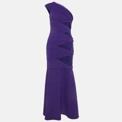 Tadashi Shoji Purple Pintuck Jersey Sequin Detail One Shoulder Gown XL