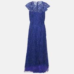 Tadashi Shoji Blue Floral Lace Cap Sleeve Milien Gown L