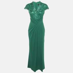 Tadashi Shoji Emerald Green Sequin Tulle and Jersey Gown S